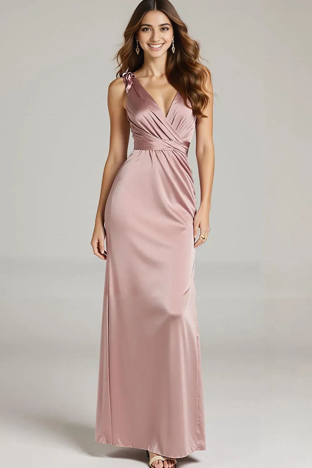 Elegant Light Pink Sheath One the Shoulder Sleeveless Ruched Backless Satin Floor-Length Prom Dresses