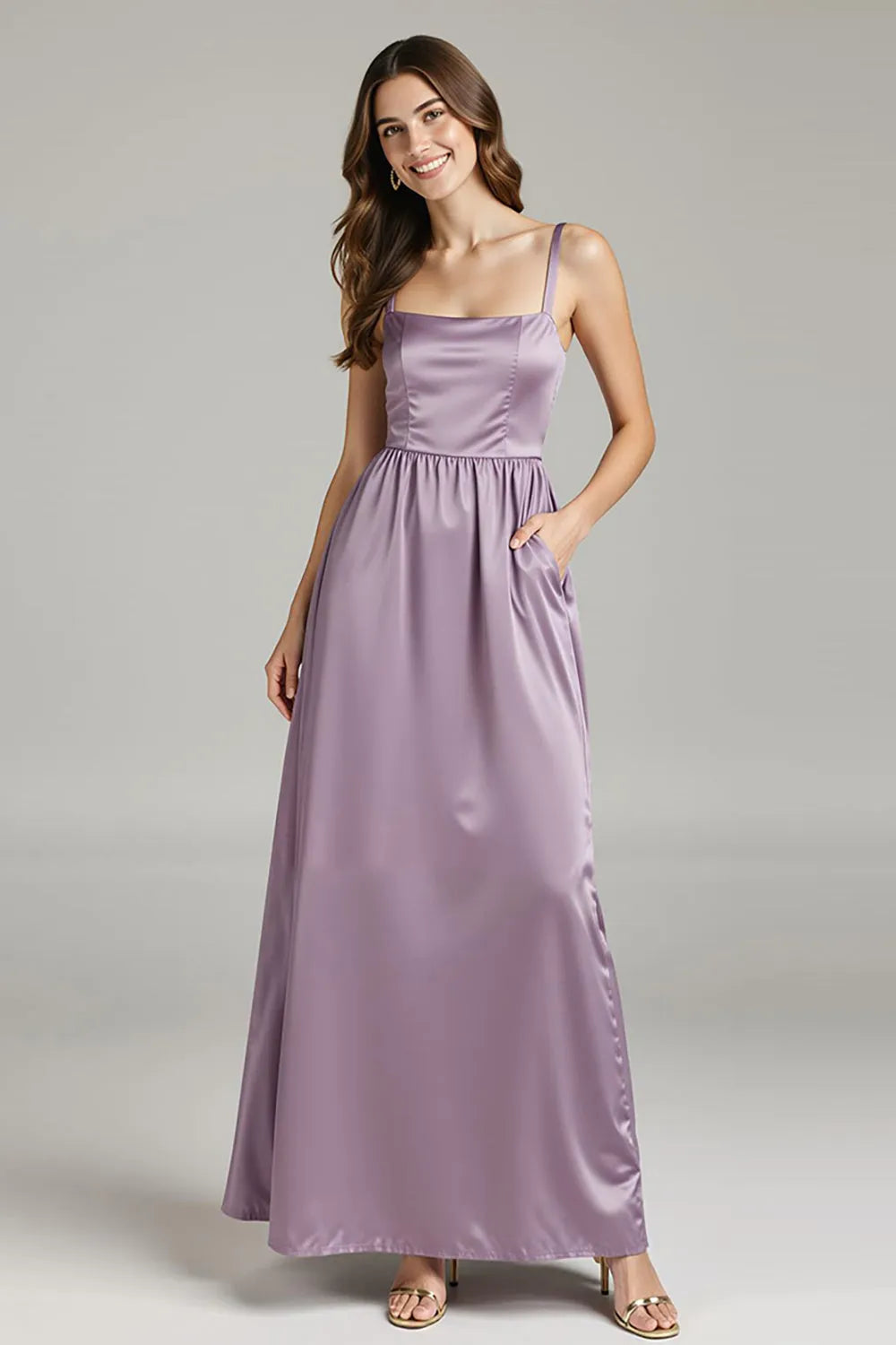 Elegant Light Purple A-Line Square Neck Spaghetti Straps Satin Back Zip Ankle-Length Prom Dresses