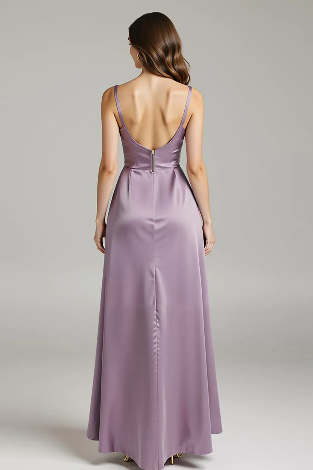 Elegant Light Purple A-Line Square Neck Spaghetti Straps Satin Back Zip Ankle-Length Prom Dresses