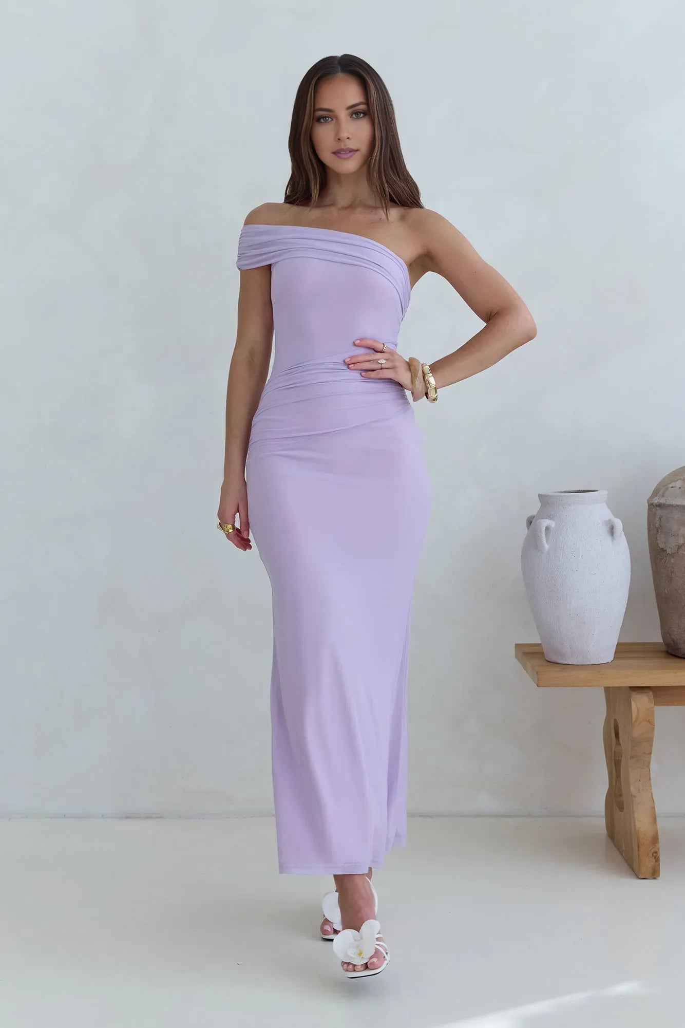 Elegant Lilac Sheath One the Shoulder Sleeveless Ruched Bodycon Ankle-Length Prom Dresses