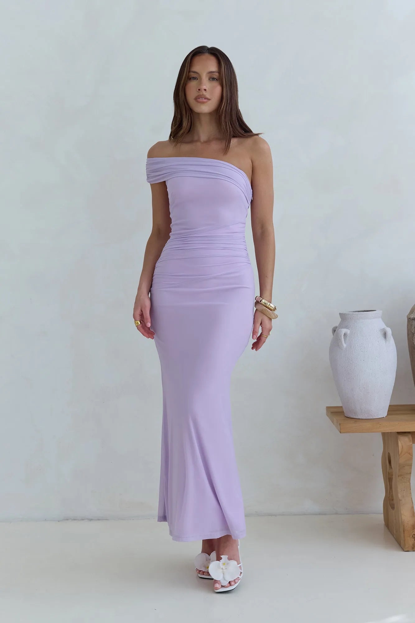 Elegant Lilac Sheath One the Shoulder Sleeveless Ruched Bodycon Ankle-Length Prom Dresses