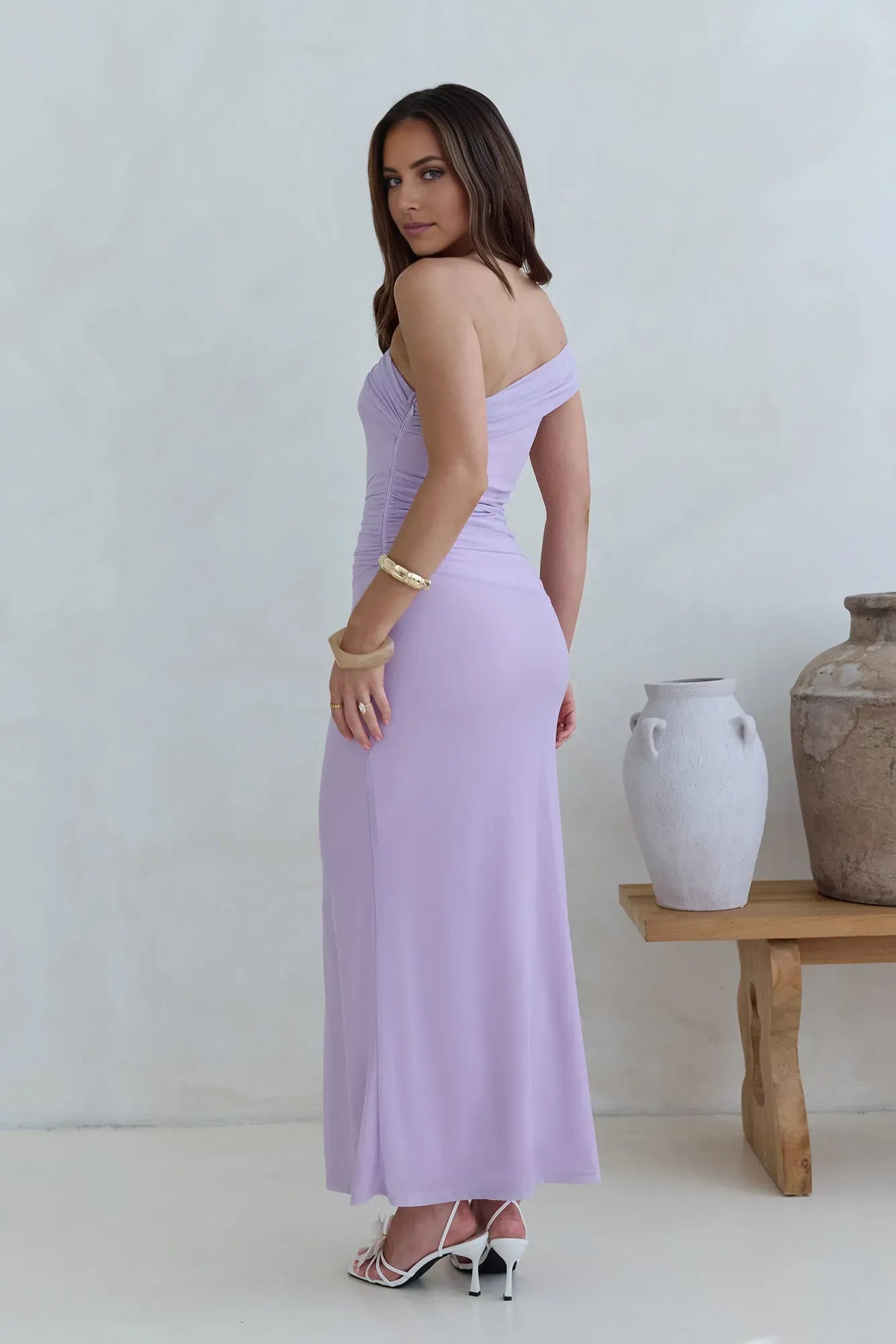 Elegant Lilac Sheath One the Shoulder Sleeveless Ruched Bodycon Ankle-Length Prom Dresses