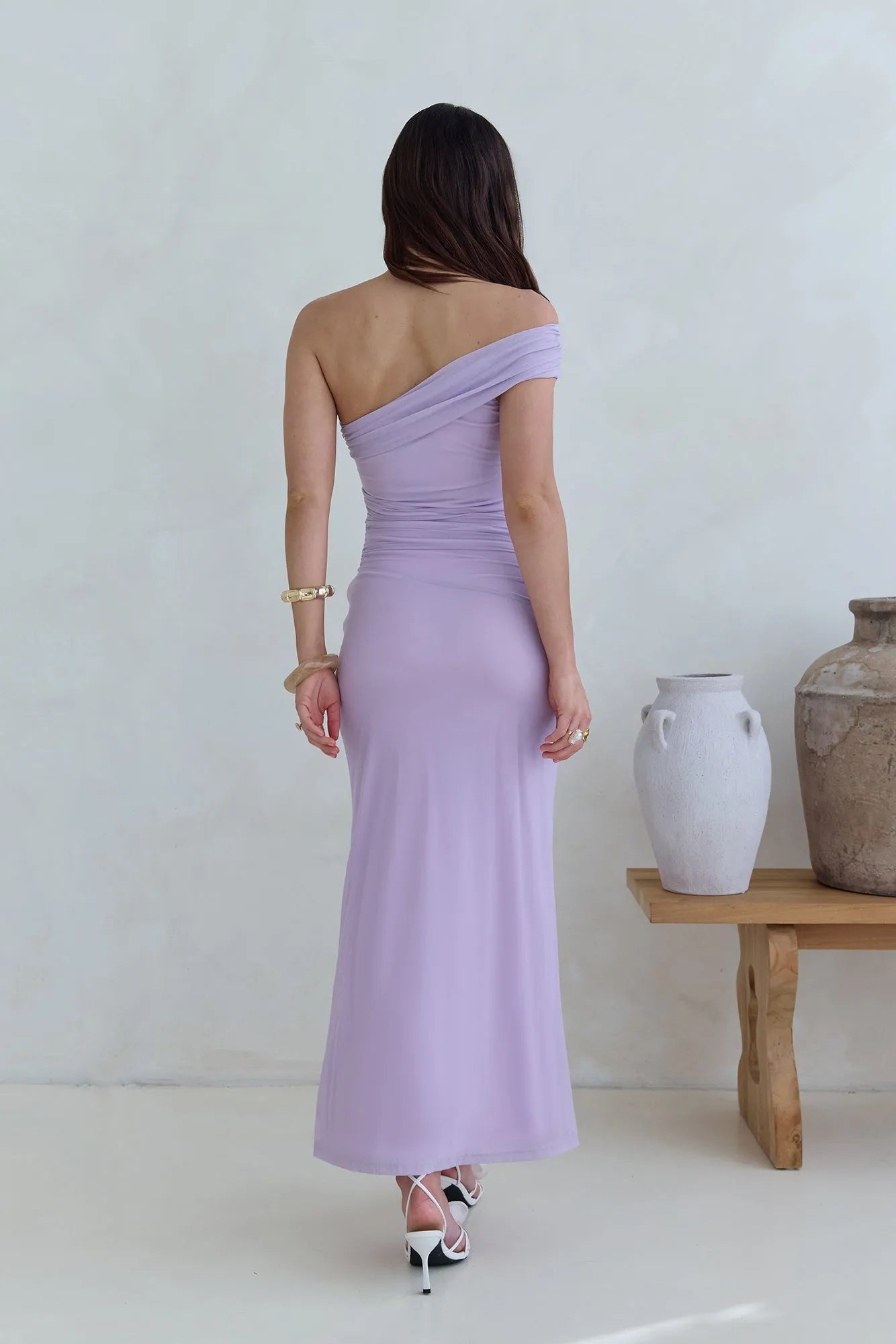 Elegant Lilac Sheath One the Shoulder Sleeveless Ruched Bodycon Ankle-Length Prom Dresses