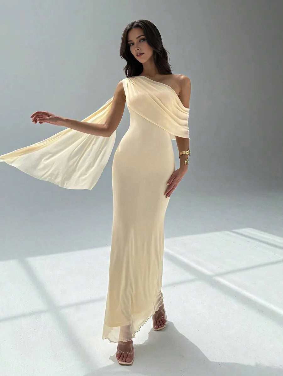 Elegant Mermaid Asymmetrical Neck Cloak Sleeve Draped Satin Ankle-Length Prom Dresses hot sale ﻿for women