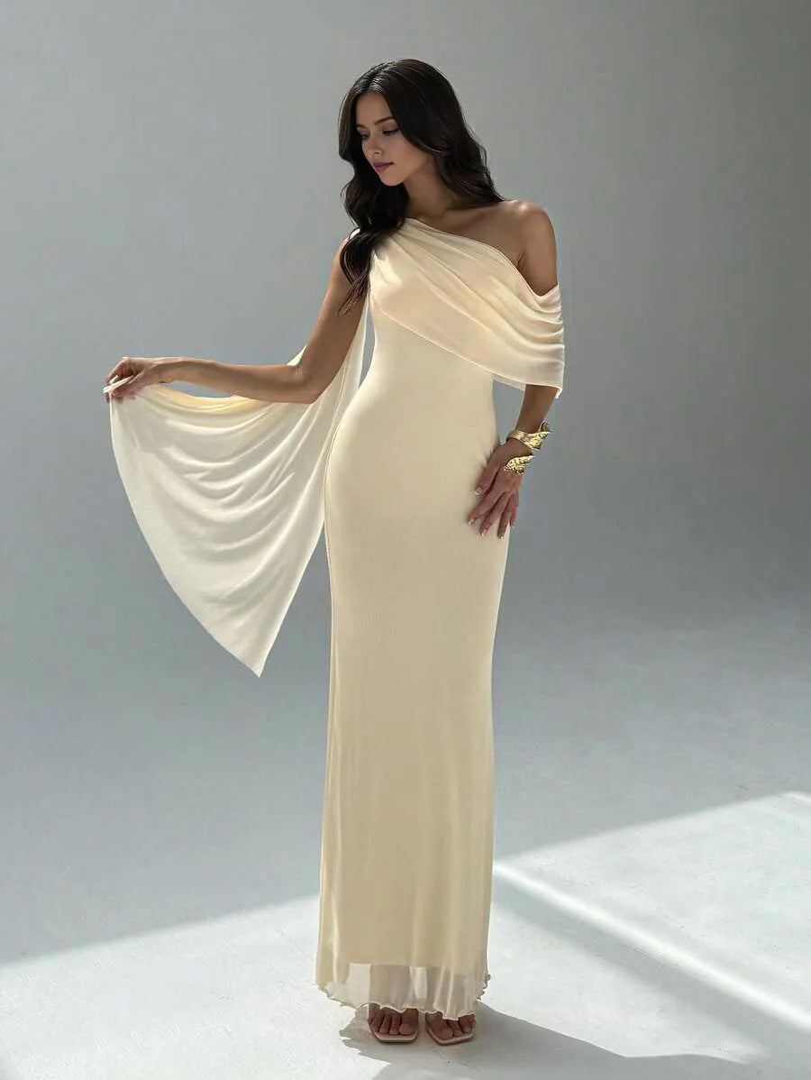 Elegant Mermaid Asymmetrical Neck Cloak Sleeve Draped Satin Ankle-Length Prom Dresses hot sale ﻿for women