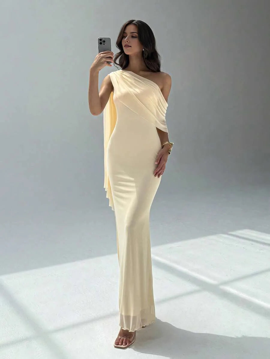 Elegant Mermaid Asymmetrical Neck Cloak Sleeve Draped Satin Ankle-Length Prom Dresses hot sale ﻿for women