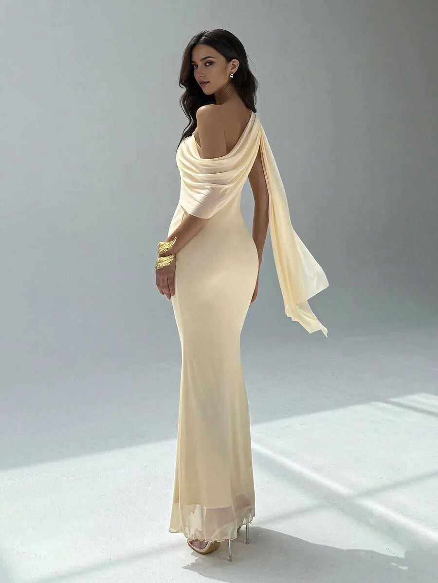 Elegant Mermaid Asymmetrical Neck Cloak Sleeve Draped Satin Ankle-Length Prom Dresses hot sale ﻿for women