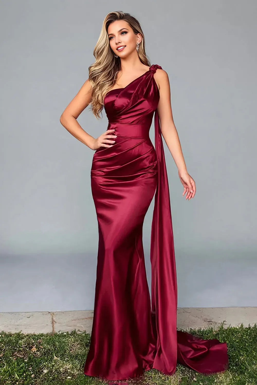 Elegant Burgundy Mermaid One-Shoulder Sleeveless Back Zip Floor-Length Satin Ruched Prom Dress ﻿