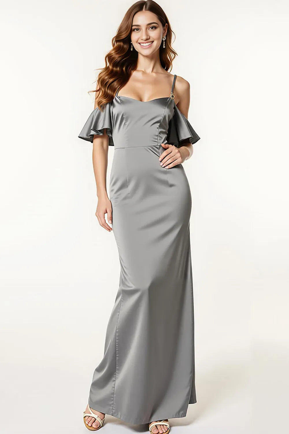 Elegant Mermaid Cold-Shoulder Ruffled Sleeve Satin Open Back Ankle-Length Prom Dresses Hot Sale