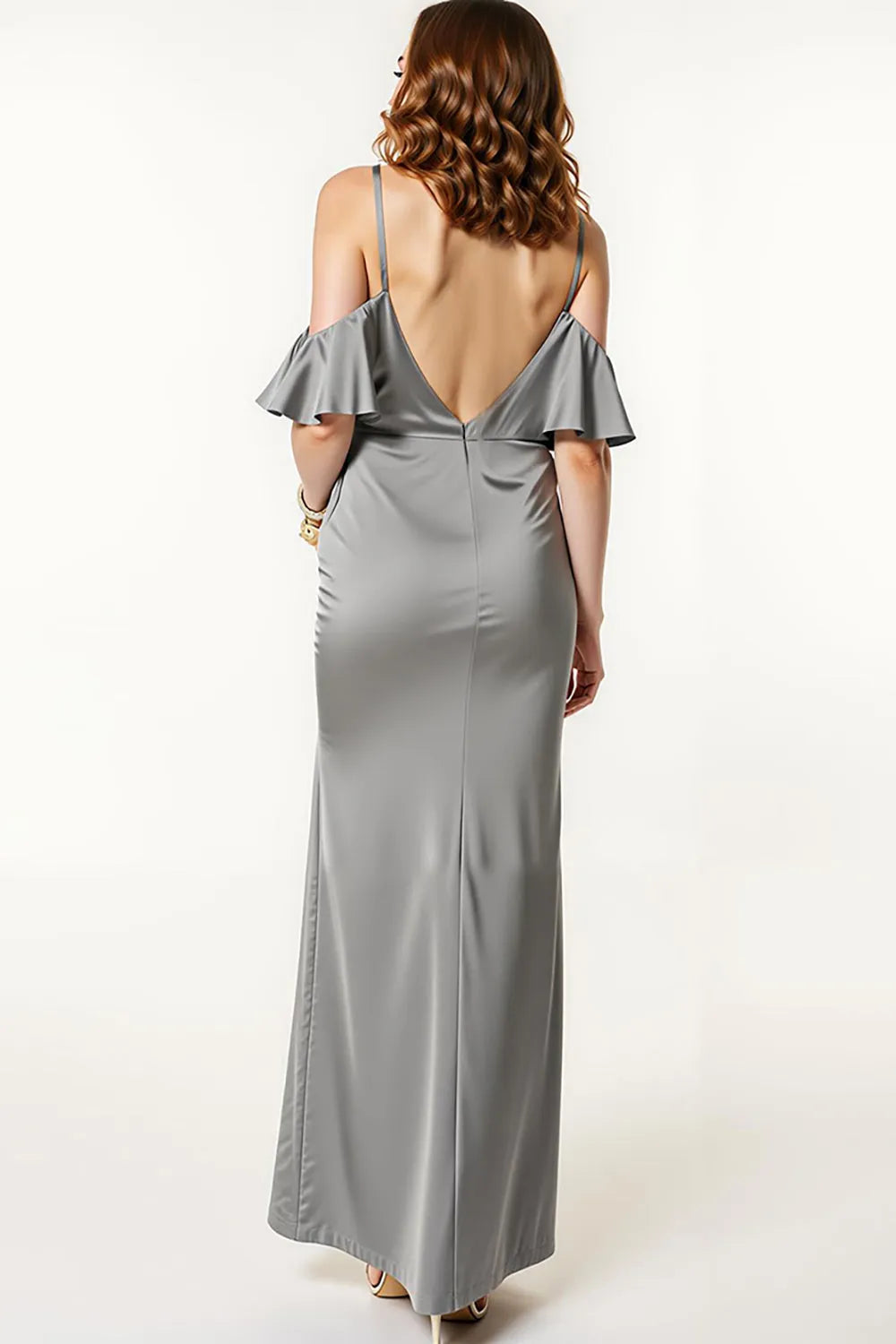 Elegant Mermaid Cold-Shoulder Ruffled Sleeve Satin Open Back Ankle-Length Prom Dresses Hot Sale