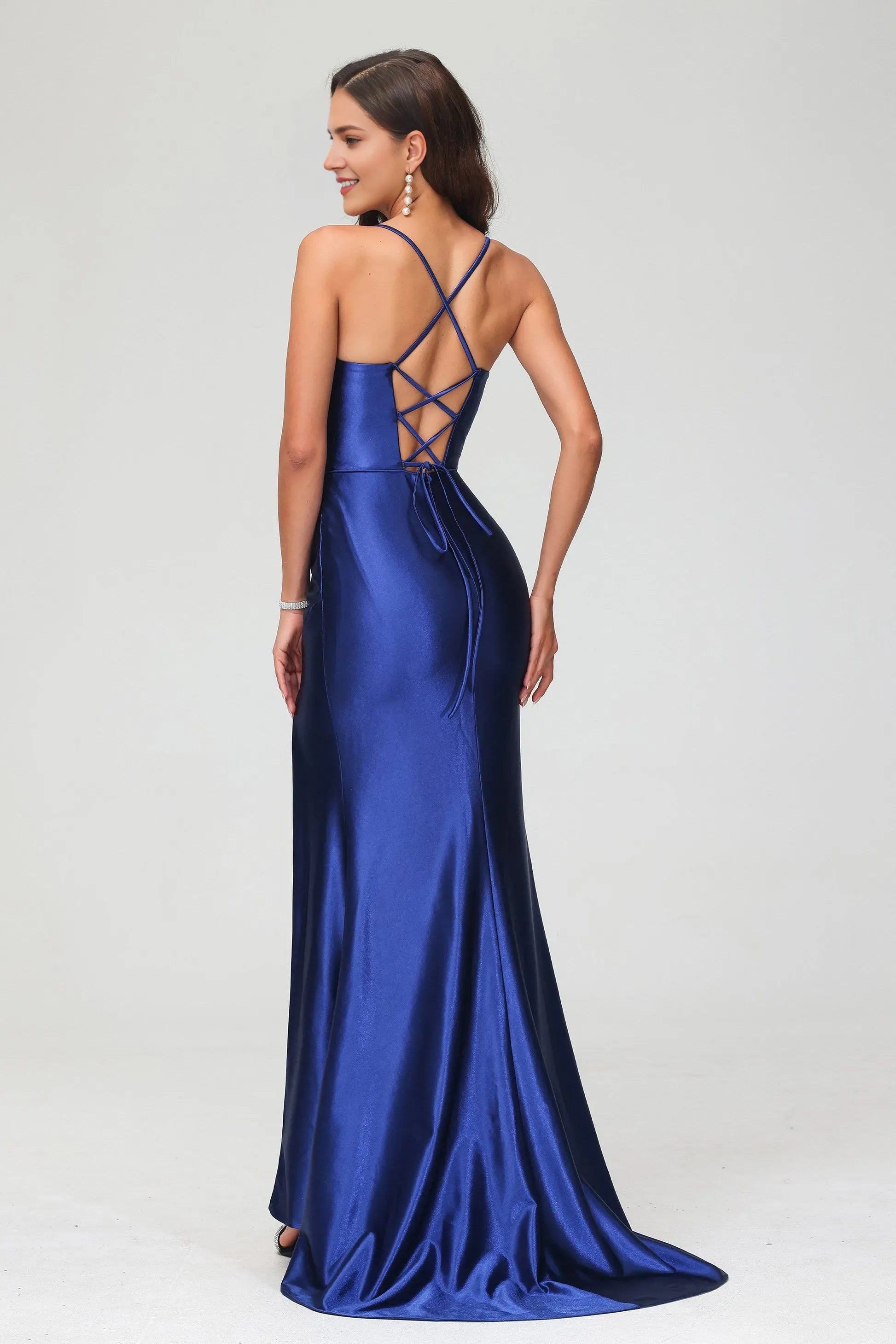 Elegant Mermaid Cowl Neck Spaghetti Straps Pleated Lace Up Satin Floor-Length Prom Dresses  With Slit