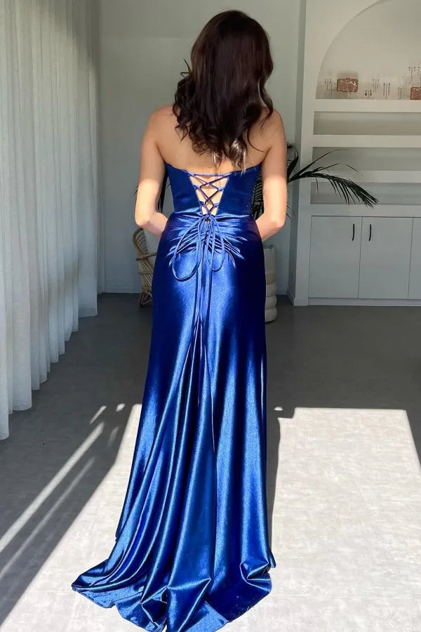 Elegant Mermaid Deep V -Neck Sleeveless Pleated Lace Up Back Floor -Length High Side Slit Prom Dress