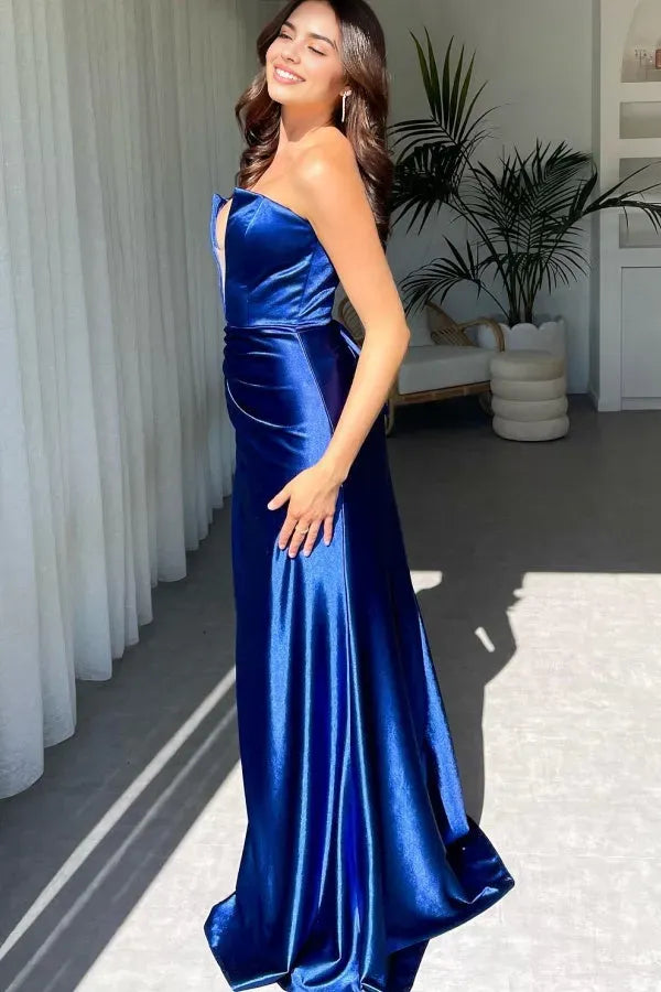Elegant Mermaid Deep V -Neck Sleeveless Pleated Lace Up Back Floor -Length High Side Slit Prom Dress
