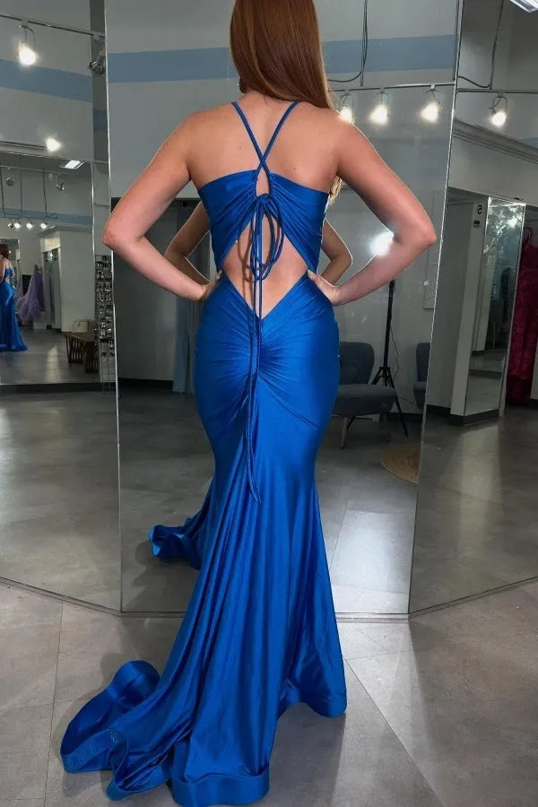 Elegant Royal Blue Mermaid Deep V - Neck Spaghetti Strap Satin Lace Up Floor - Length Prom Dress Hot Sale