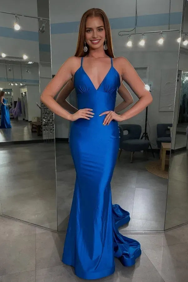 Elegant Royal Blue Mermaid Deep V - Neck Spaghetti Strap Satin Lace Up Floor - Length Prom Dress Hot Sale