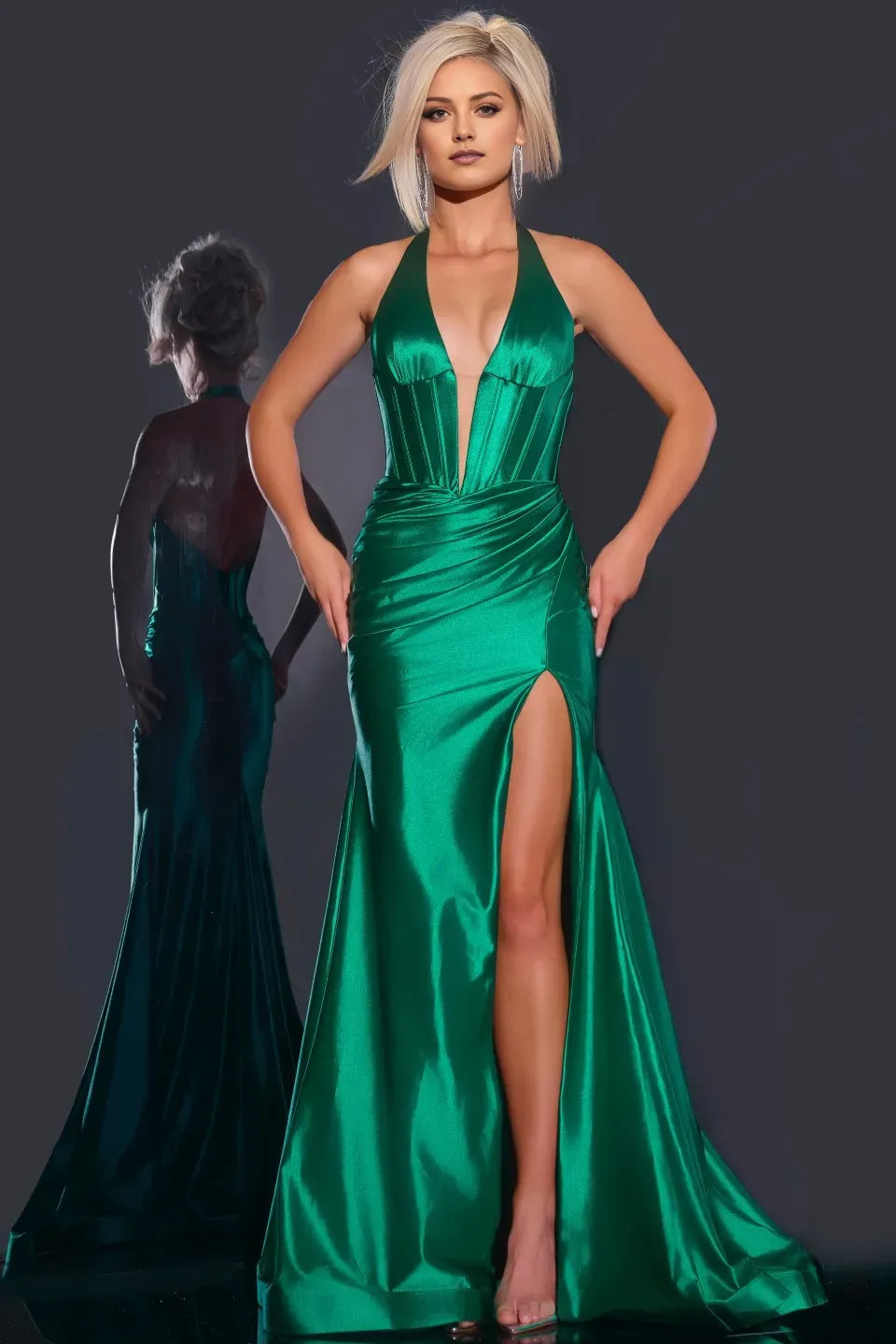 Elegant Mermaid Halter Neck Sleeveless Backless Plunge Floor-Length High Slit Satin Prom Dresses