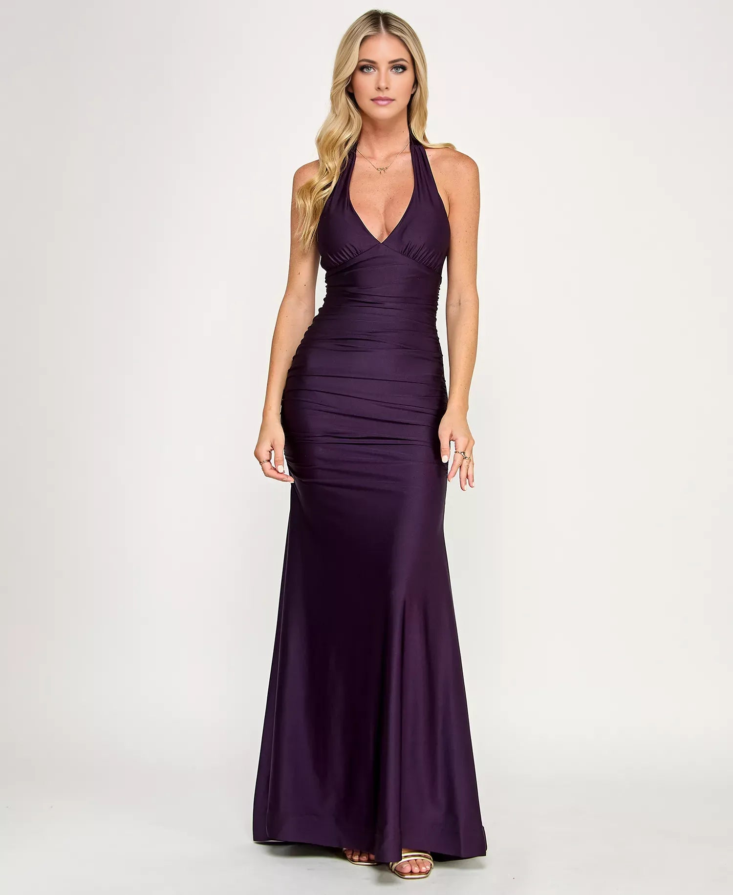 Elegant Mermaid Halter Neck Sleeveless Ruched Bow-Back Floor-Length Prom Dresses Hot sale