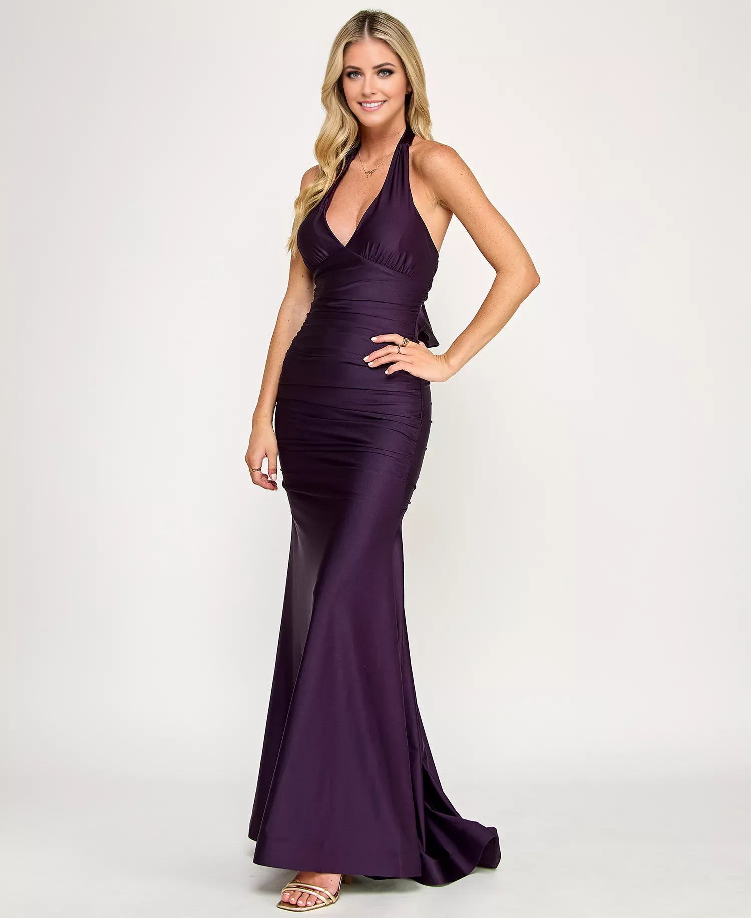 Elegant Mermaid Halter Neck Sleeveless Ruched Bow-Back Floor-Length Prom Dresses Hot sale