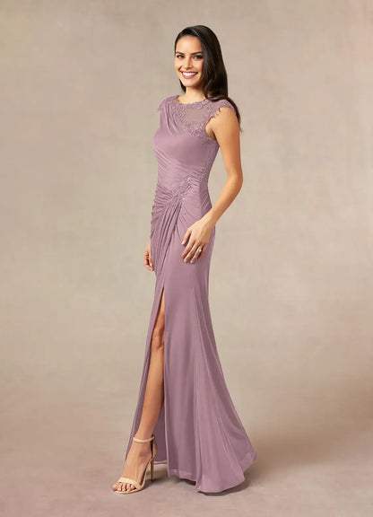 Elegant Mermaid Lace Boat neck Cap Sleeves Illusion Back Zip Floor-Length Side Leg Slit  Mother of the Bride Dress hot sale