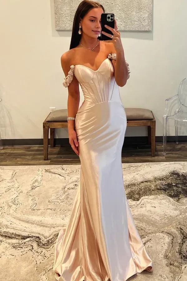 Elegant Mermaid Off-Shoulder Flowers Sleeve Pleated Back Zip Floor-Length Prom Dresses Women for sale