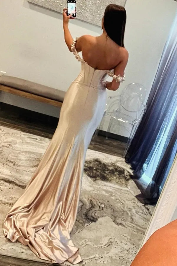 Elegant Mermaid Off-Shoulder Flowers Sleeve Pleated Back Zip Floor-Length Prom Dresses Women for sale