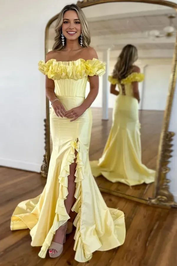Elegant Mermaid Off-Shoulder Ruffled Closet Lace-Up Prom Dress with  Floor-Length High Side Slit
