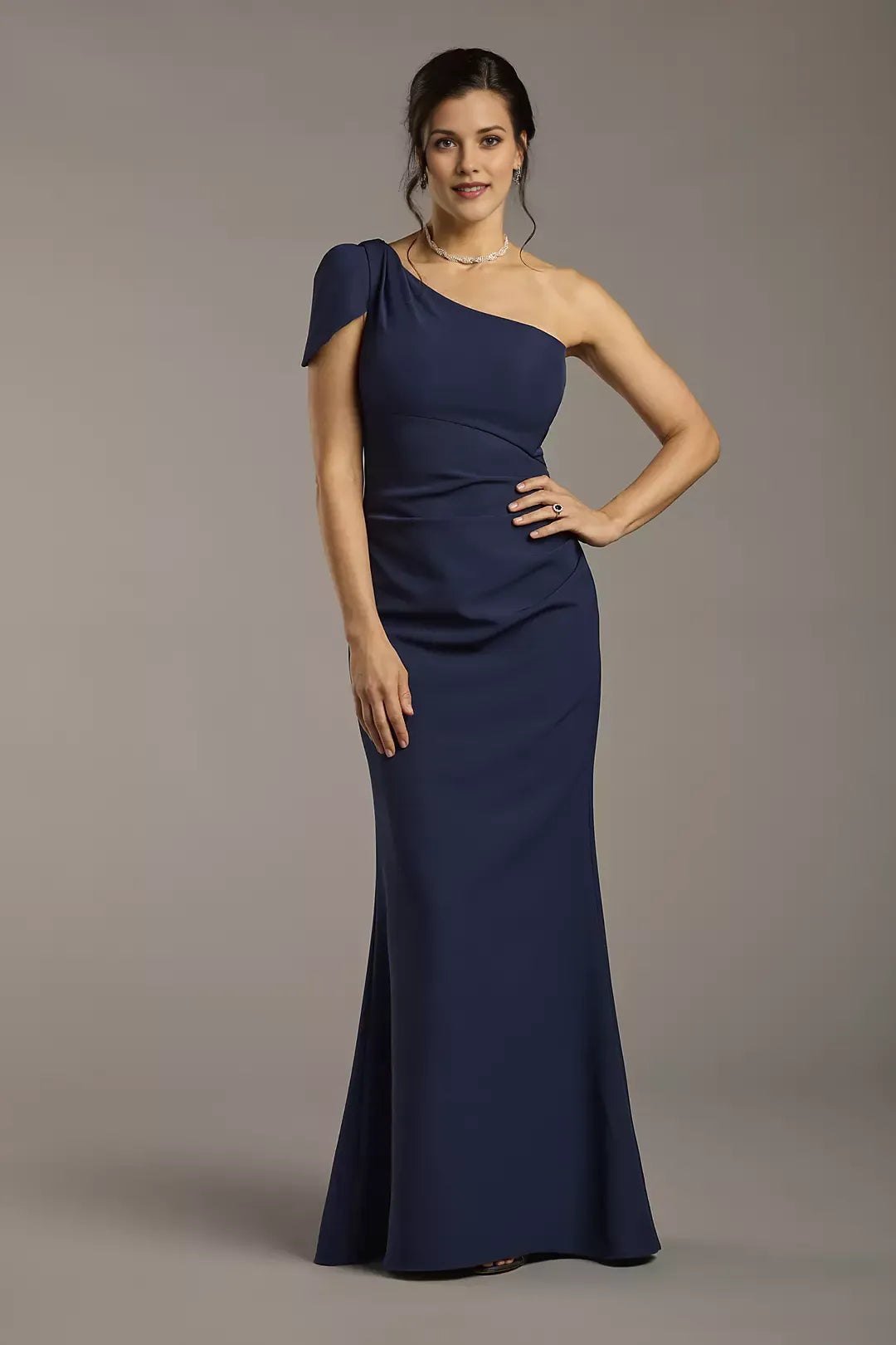 Elegant Mermaid One-Shoulder Draped Crepe Short Sleeve Back Zip Floor-Length Mother of the Bride Dress