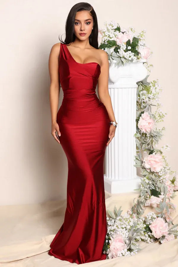 Elegant Mermaid One-Shoulder Sleeveless Back Zip Ruched Bodice Satin Floor-Length Prom Dresses