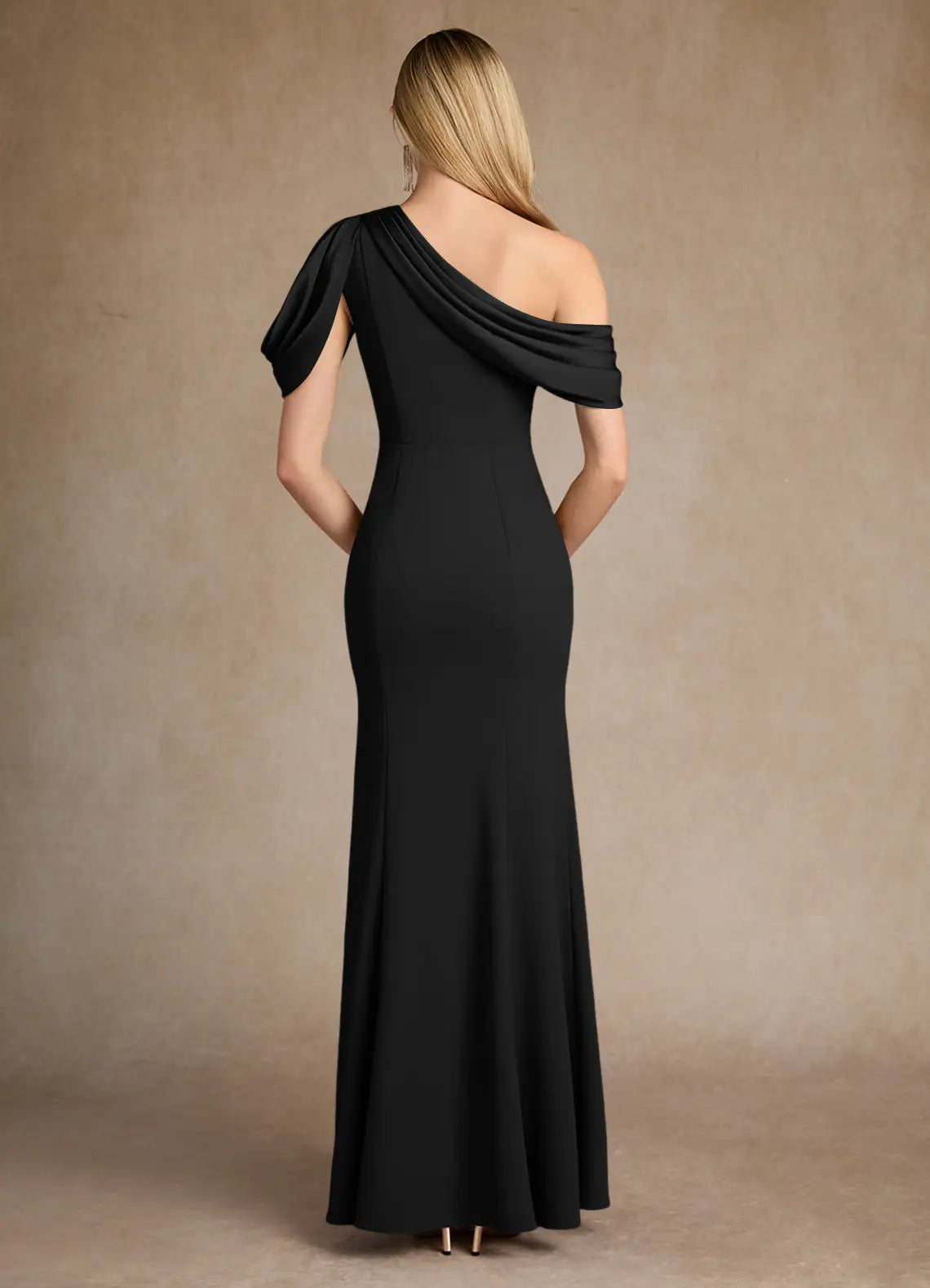 Elegant Mermaid Pleated Asymmetrical neckline Cold Shoulder Sleeve Side Zip Floor-Length Side Leg Slit Mother of the Bride Dress for ladies