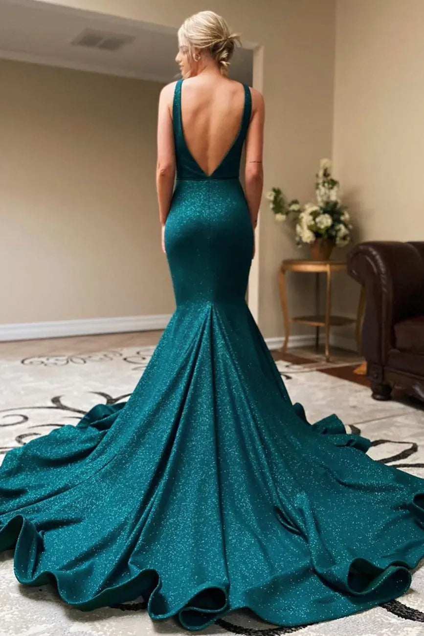 Elegant Mermaid Plunging V-Neck Sleeveless Sequins Backless High Side Slit Floor-Length Prom Evening Dress with Slit