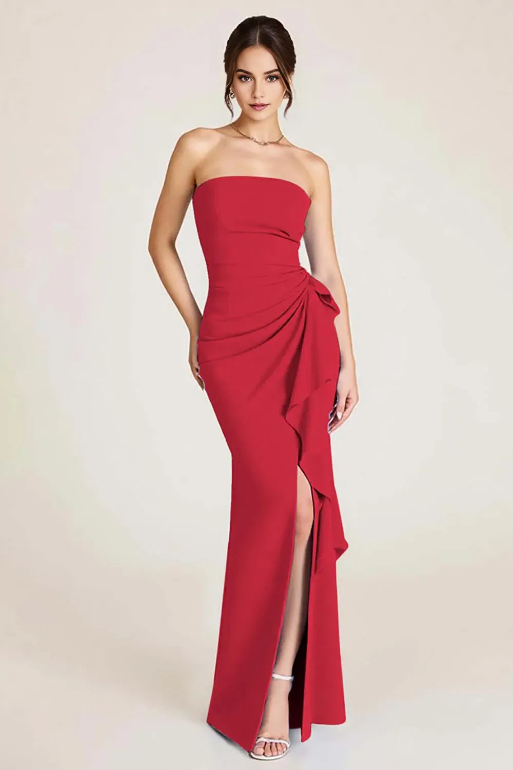 Elegant Mermaid Ruched Strapless Sleeveless Open-Back Floor-Length Prom Dress With Slit