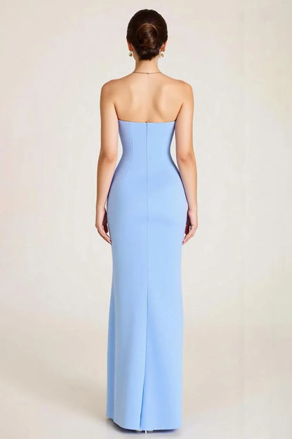 Elegant Mermaid Ruched Strapless Sleeveless Open-Back Floor-Length Prom Dress With Slit