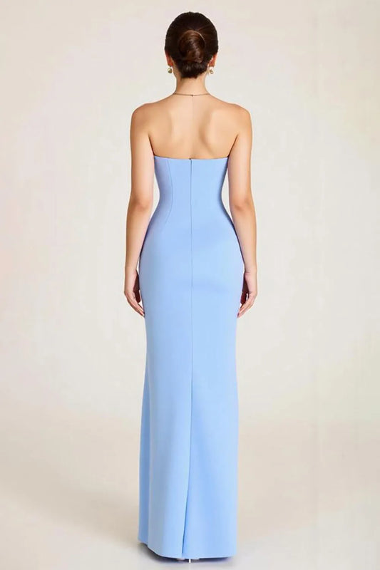 Elegant Mermaid Ruched Strapless Sleeveless Open-Back Floor-Length Prom Dress With Slit