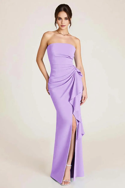 Elegant Mermaid Ruched Strapless Sleeveless Open-Back Floor-Length Prom Dress With Slit
