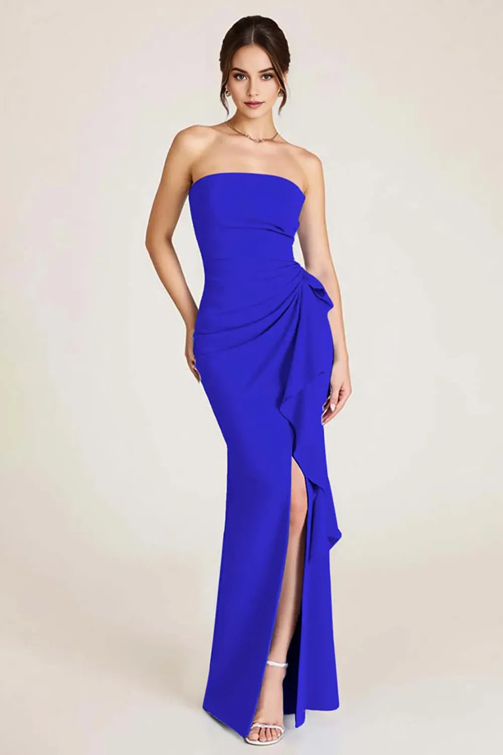 Elegant Mermaid Ruched Strapless Sleeveless Open-Back Floor-Length Prom Dress With Slit