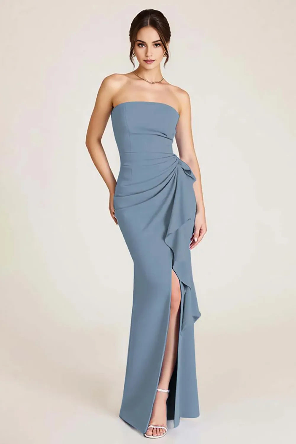 Elegant Mermaid Ruched Strapless Sleeveless Open-Back Floor-Length Prom Dress With Slit