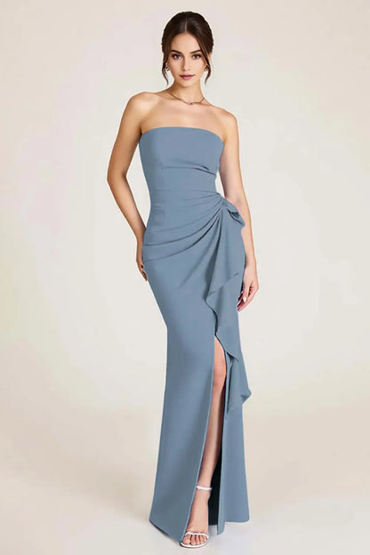Elegant Mermaid Ruched Strapless Sleeveless Open-Back Floor-Length Prom Dress With Slit