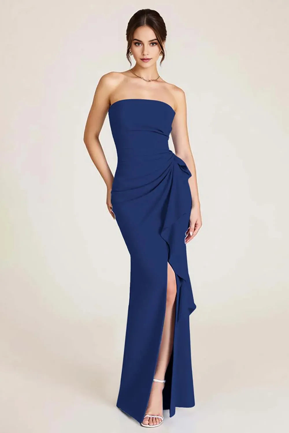 Elegant Mermaid Ruched Strapless Sleeveless Open-Back Floor-Length Prom Dress With Slit