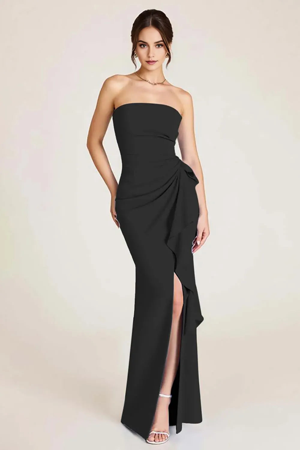 Elegant Mermaid Ruched Strapless Sleeveless Open-Back Floor-Length Prom Dress With Slit