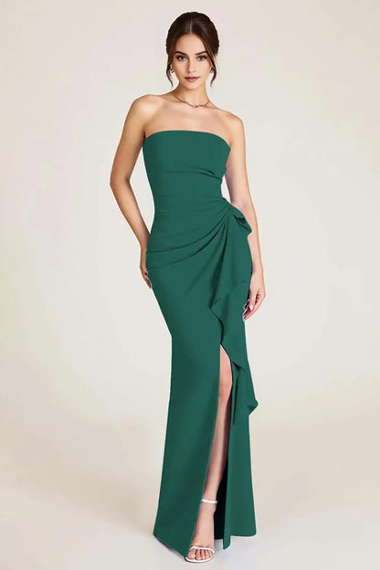 Elegant Mermaid Ruched Strapless Sleeveless Open-Back Floor-Length Prom Dress With Slit