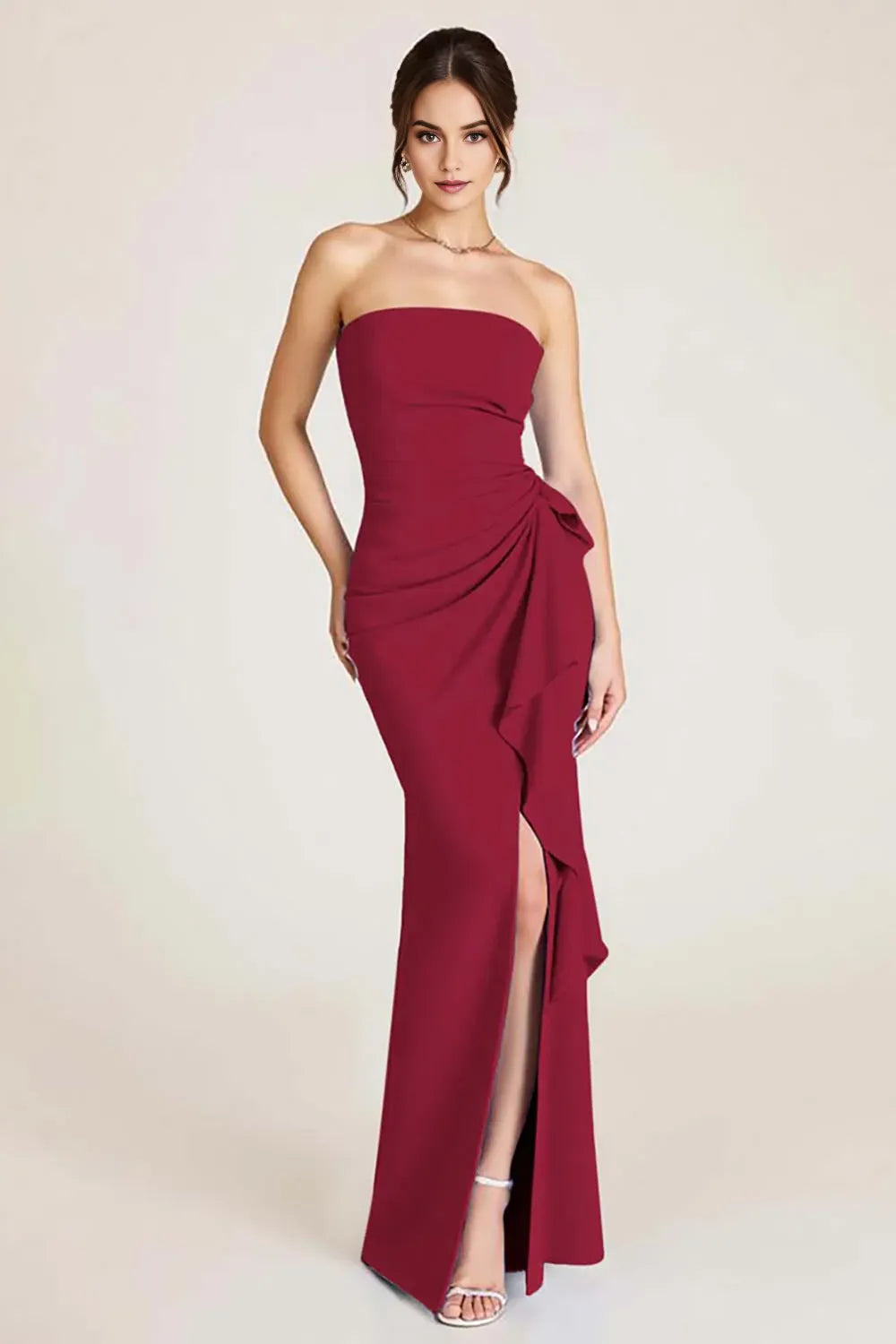 Elegant Mermaid Ruched Strapless Sleeveless Open-Back Floor-Length Prom Dress With Slit