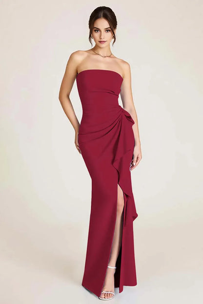 Elegant Mermaid Ruched Strapless Sleeveless Open-Back Floor-Length Prom Dress With Slit