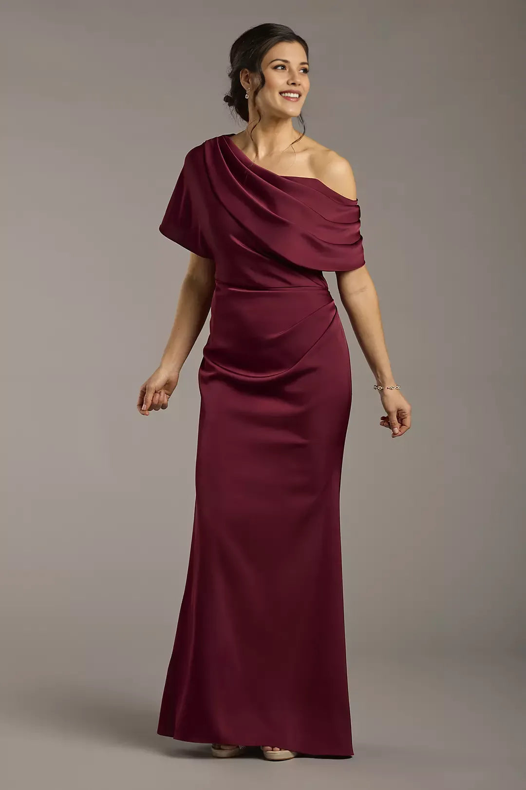Elegant Mermaid Satin One-Shoulder Sleeveless Draped Back zipper Floor-Length Mother of the Bride Dress
