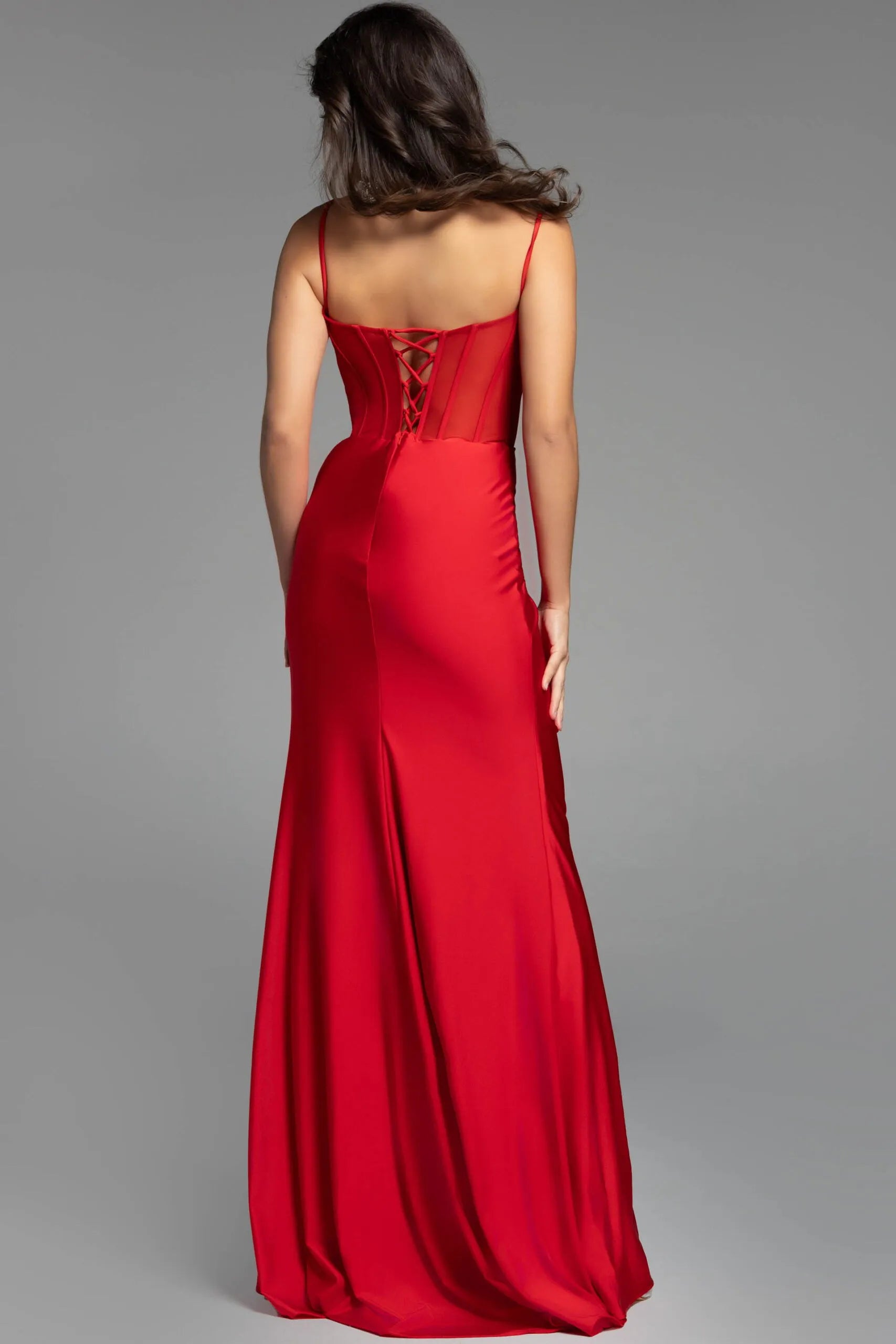 Elegant Mermaid Scoop Neck Spaghetti Strap Floral Appliques Beaded Sheer Lace-Up Back Floor-Length High Slit Prom Dresses