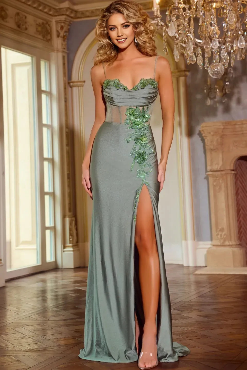 Elegant Mermaid Scoop Neck Spaghetti Strap Floral Appliques Beaded Sheer Lace-Up Back Floor-Length High Slit Prom Dresses