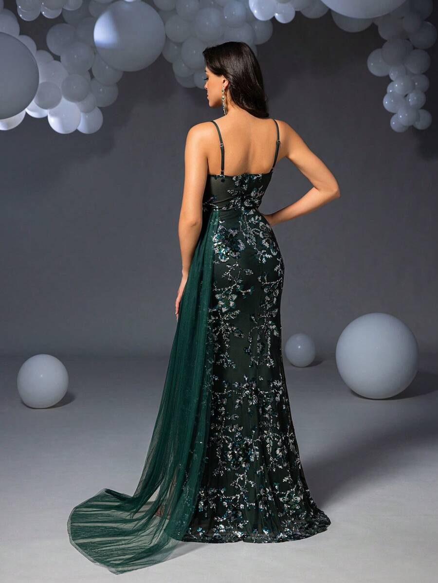 Elegant Mermaid Spaghetti Straps Sleeveless Back Zip Sequin Floral Tulle Side Slit Floor-Length Prom Dress