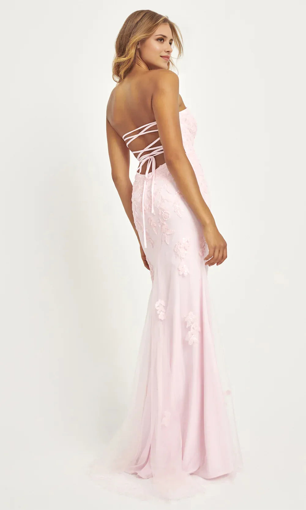 Elegant Mermaid Strapless Sleeveless Lace Applique Lace-Up Back Tulle Floor-Length Prom Dresses