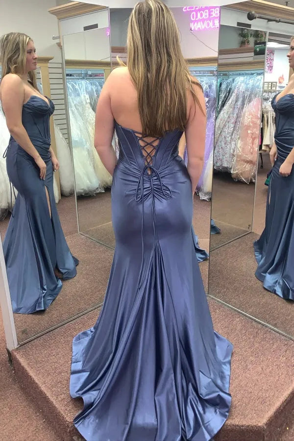 Elegant Mermaid Strapless Sweetheart Neck Sleeveless Pleated Satin Lace-Up Back High-Slit Floor-Length Prom Dress