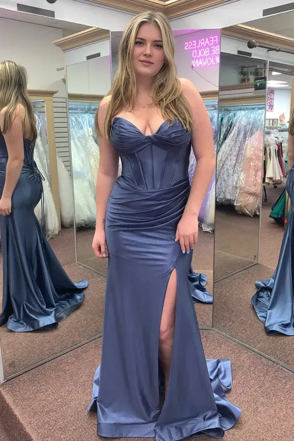 Elegant Mermaid Strapless Sweetheart Neck Sleeveless Pleated Satin Lace-Up Back High-Slit Floor-Length Prom Dress