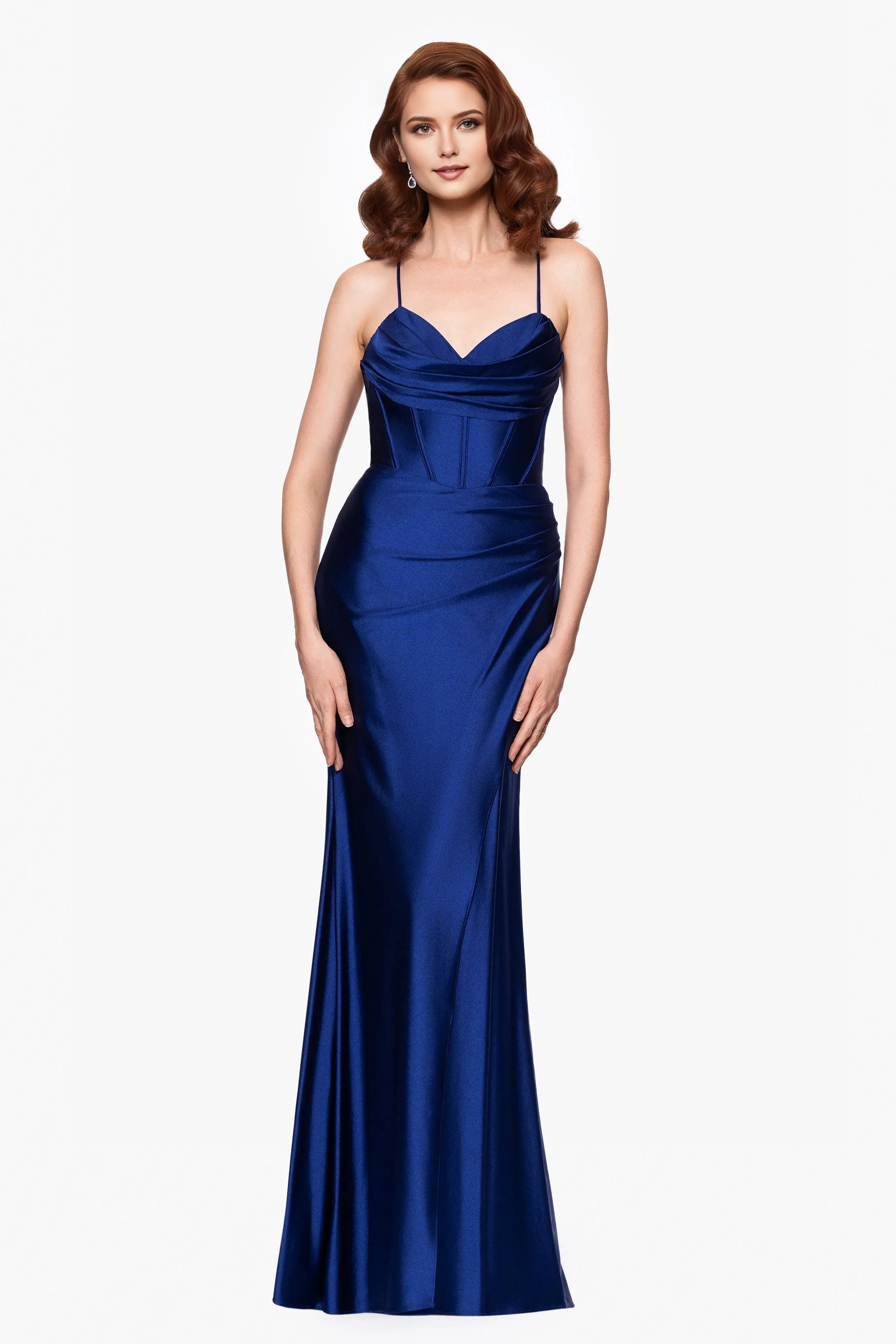 Elegant Navy Mermaid Sweetheart Neck Sleeveless Crisscross Back Floor-Length Ruched Satin Prom Dresses Hot Sale